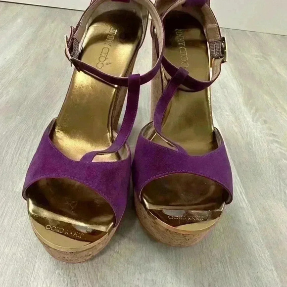 Jimmy Choo Pela Purple Suede Cork Wedges Ankle T Strap Size 37.5 - Picture 3 of 10